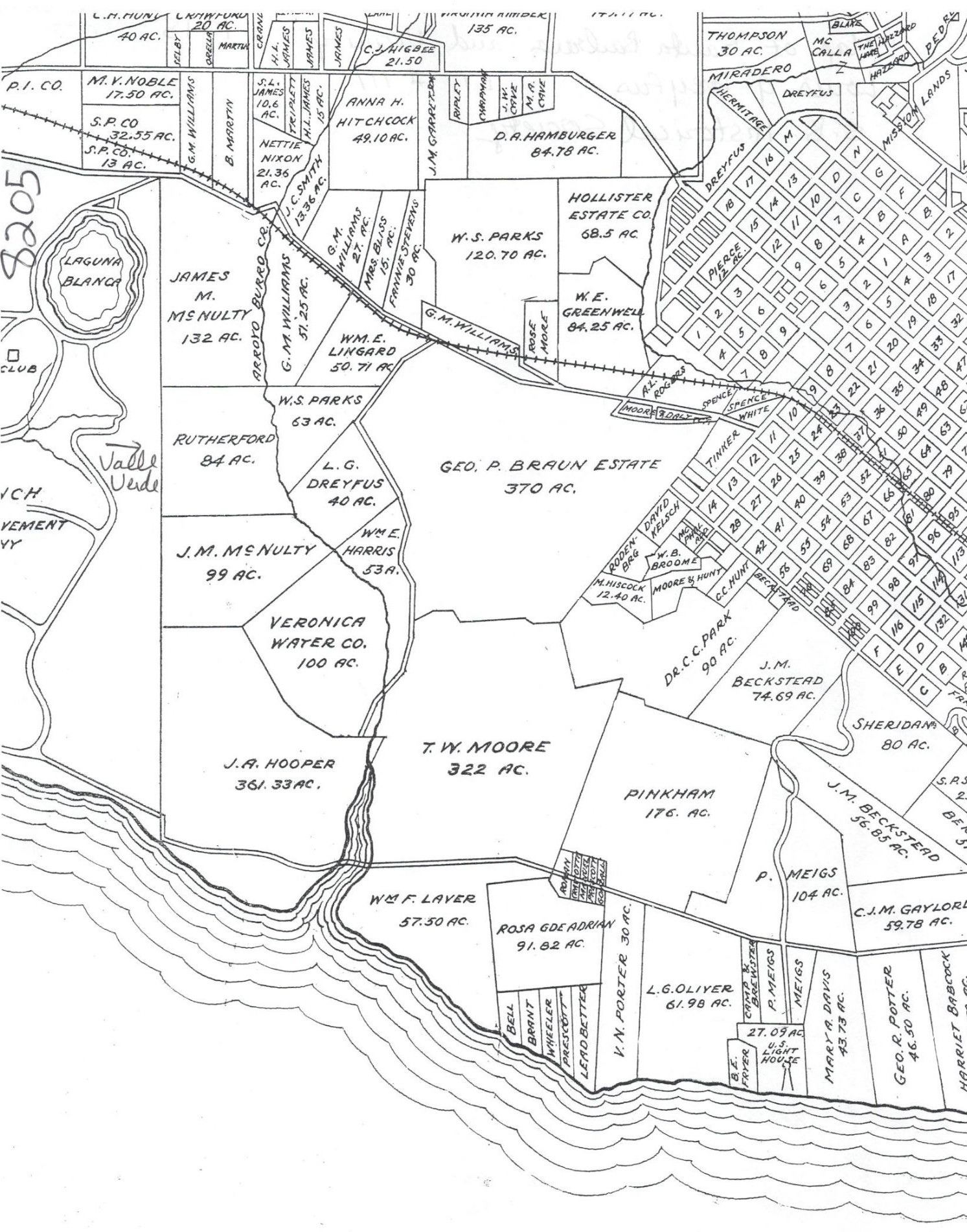 1915 land ownership map of the Santa Barbara area showing the Rutherford acreage