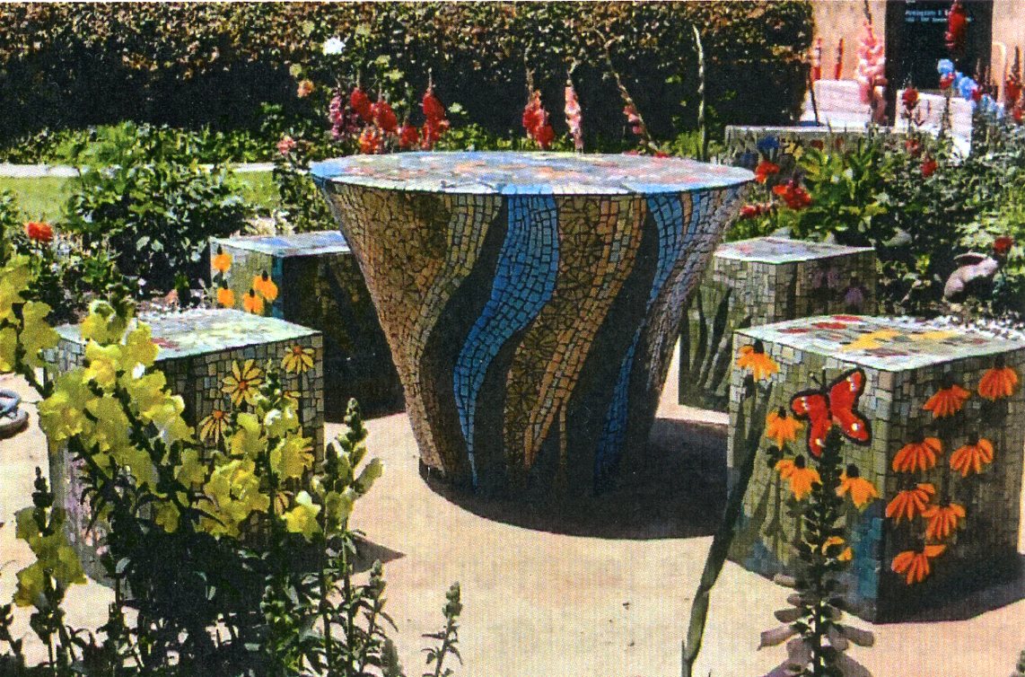 The Mosaic Garden after installation of the mosaic benches, table, and chairs